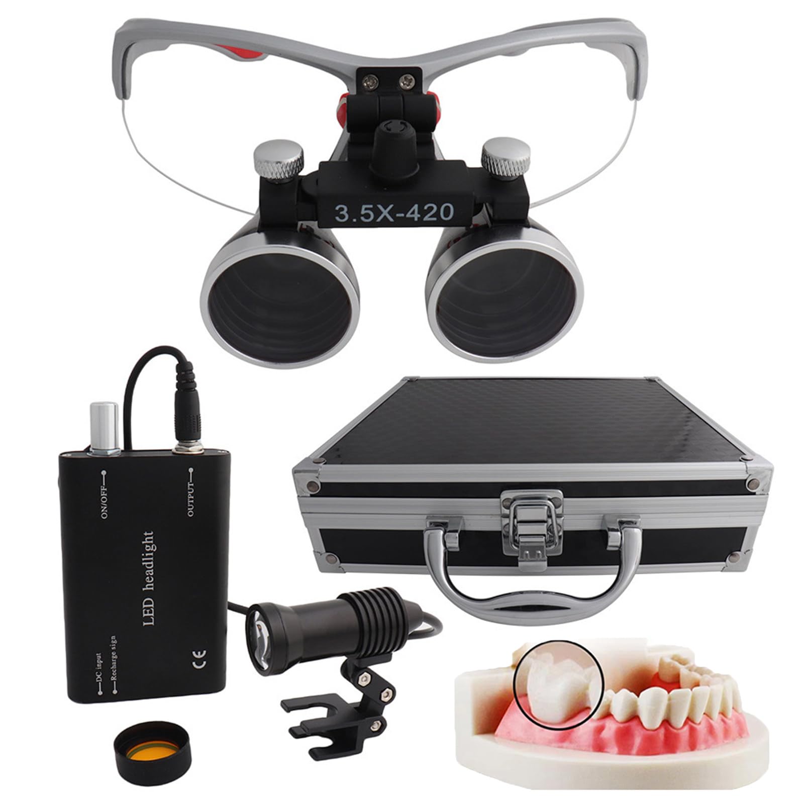 2.5X/3.5X Surgical Dental Loupes,Dental Binocular Loupes with 5W LED Light, Head-Mounted Magnifying Glasses, Adjustable Interpupillary Distance, for Dentistry,Surgery,Jewellery or Hobby Silver-3.5X