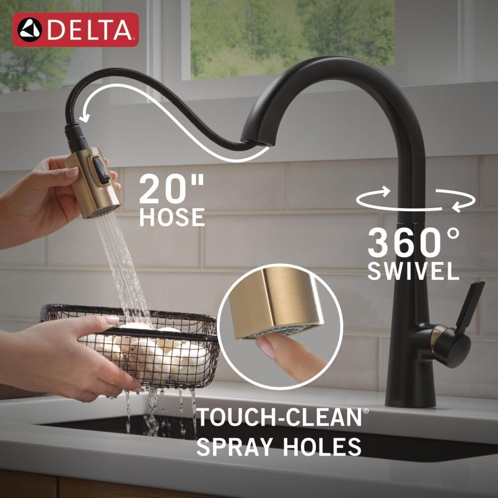 Delta Monrovia Matte Black/Brushed Gold Kitchen Faucet with Pull Down Sprayer, Modern Single Hole Kitchen Sink Faucet, Single Handle, Matte Black/Champagne Bronze 9191-GZ-DST