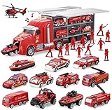 JOYIN 14 in 1 Die-cast Fire Truck Vehicle Toy Set with Sounds and Lights, Fire Engine Vehicles in Carrier Truck, Mini Rescue Emergency Fire Truck Car Toy, Birthday Gifts for Over 3 Years Old Boys