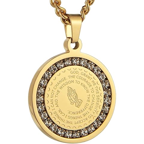 HZMAN Bible Verse Prayer Necklace Christian Jewelry Gold Stainless Steel Praying Hands Coin Medal Pendant
