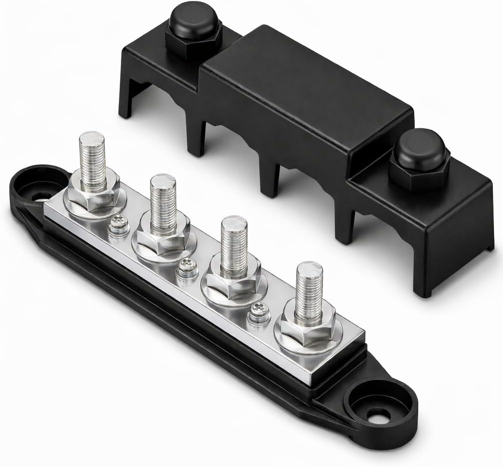 MGI SpeedWare 4-Post Power Distribution Block Busbar 5/16" Studs with Cover, 250 AMP Rating for Automotive, Marine, and Solar Wiring (Black)