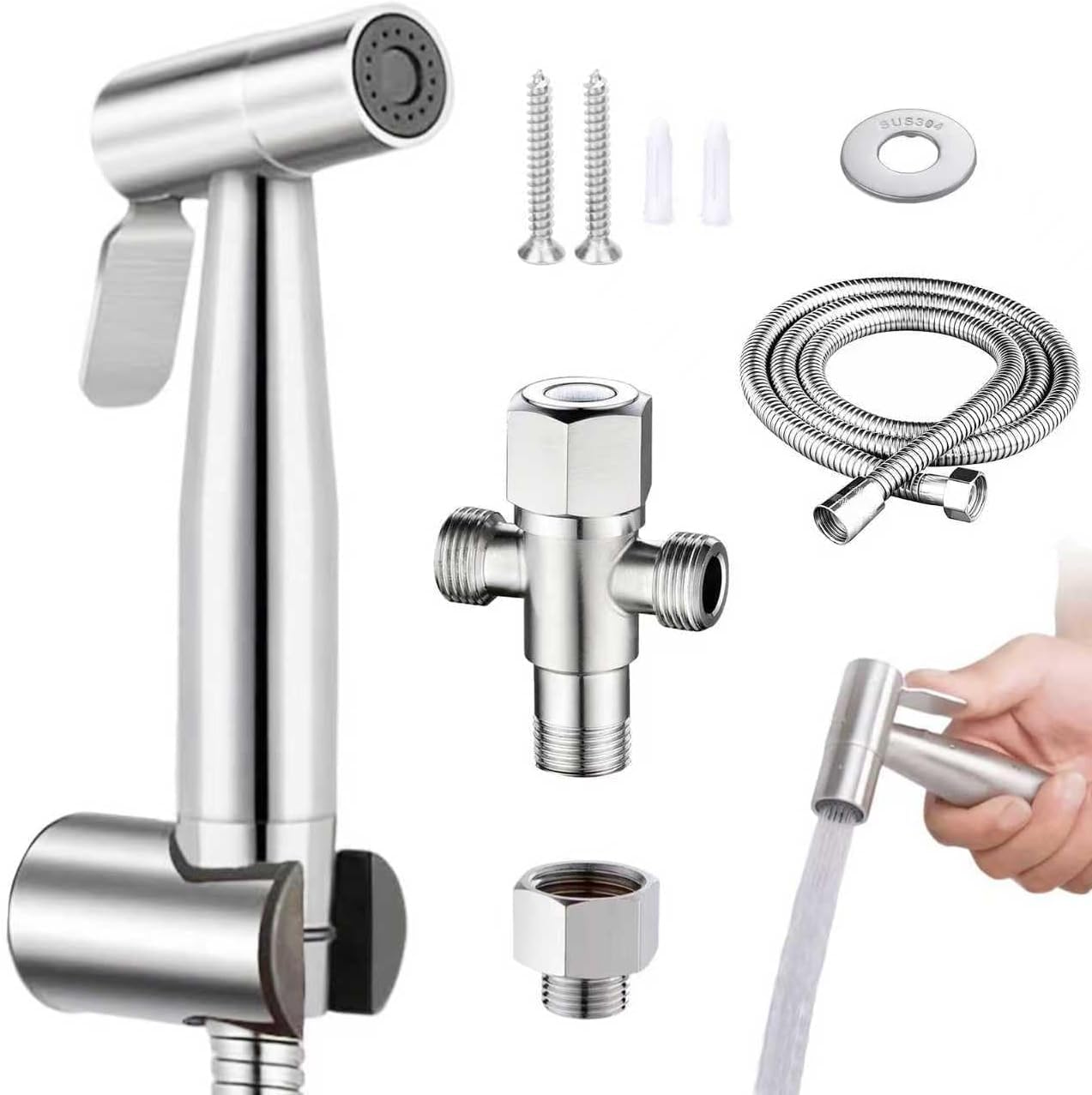 Handheld Toilet Bidet Sprayer Kit, Stainless Steel Portable Bidet Sprayer with 1.5 m Hose and 1/2 to 3/8 Adapter, Handheld Douche Shower Spray for Toilet, Pet Washing and Hygiene