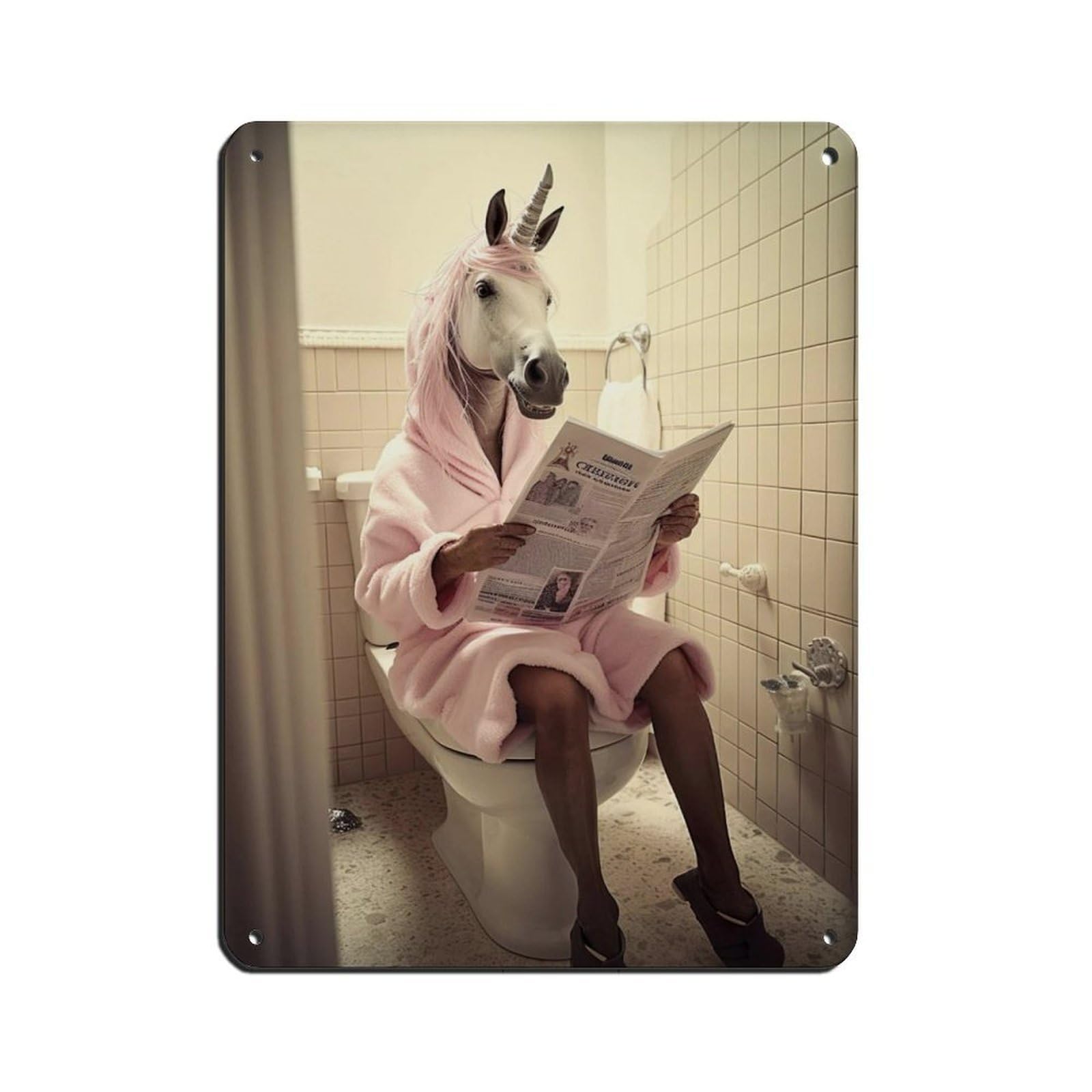 Unicorn Sitting on The Toilet Reading A Newspaper Tin Sign Vintage Metal Pub Club Cafe Bar Home Wall Art Decoration Poster Retro 12x16inch(30x40cm)