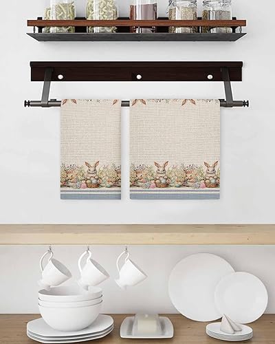 Miniatura 3 de Kitchen Towel 2 Packs Cotton Waffle Weave, Vintage Easter Bunny Eggs Plants Flower 16 x 24 Inch Absorbent Quick Drying Dish Towels Clothes for