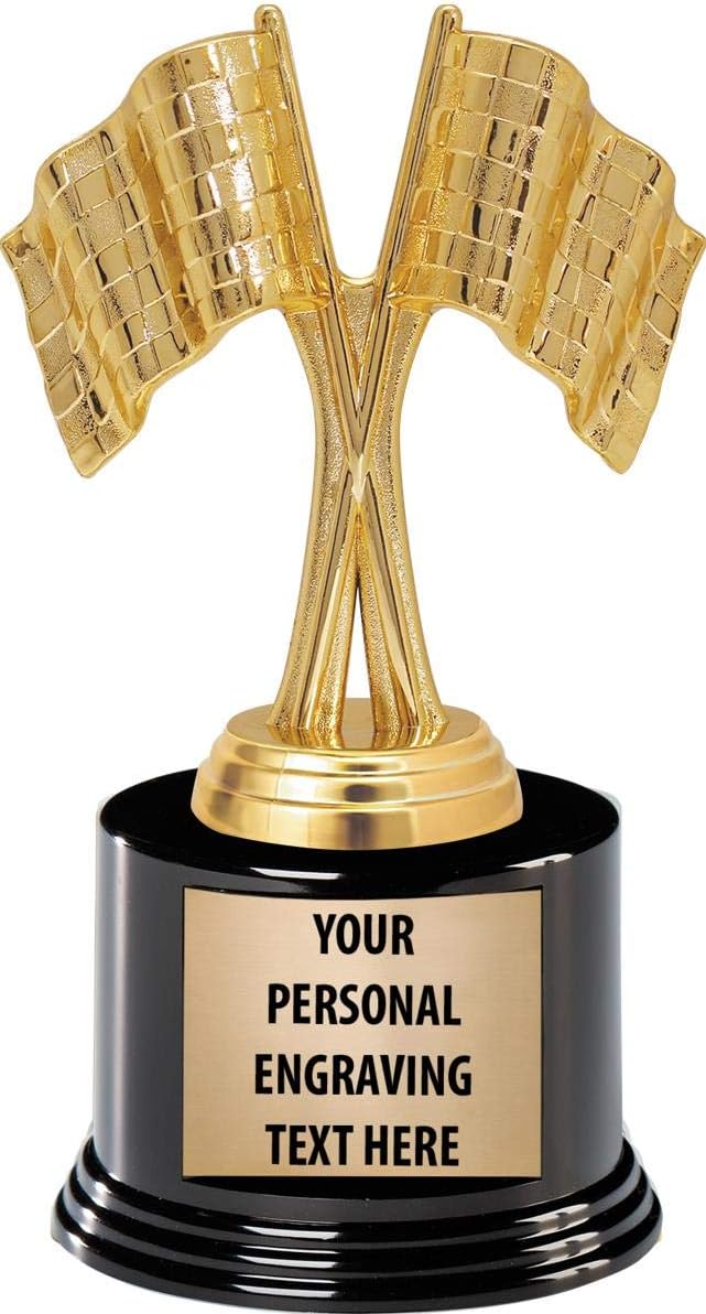 Crossed Flags Trophies with Custom Engraving, 7.25" Personalized Checkered Race Flags Trophy On Deluxe Round Base Prime