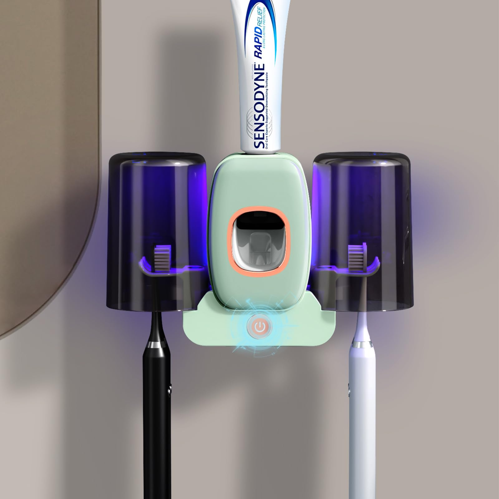 Portaspazzolino per bagno, ricaricabile, senza fili, montaggio a parete, porta spazzolino elettrico con 2 tazze, 4 scomparti per spazzolino da denti, dispenser di dentifricio (verde)