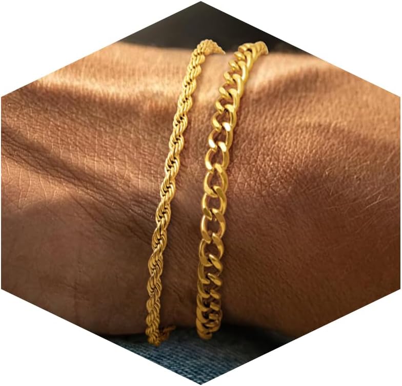 Risamil Pulsera para hombre, chapada en oro de 14 quilates, pulseras de plata esterlina para hombres, pulseras de cadena de cuerda cubana en capas, pulseras delicadas de 3 mm/5 mm para hombres de 6,5 a 9 pulgadas, joyería de oro/plata para regalos de hombres