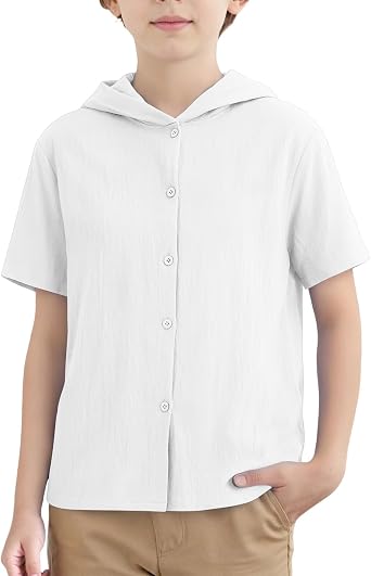 Boys Cotton Linen Hoodie Shirts Kids Short Sleeve Button Down Hooded Shirts Summer Pullover Tops 3-13 Years