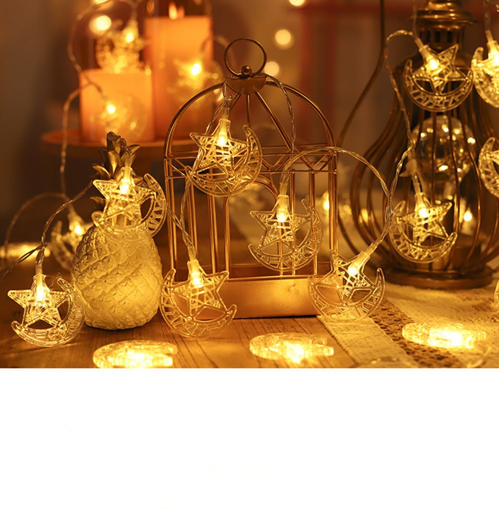 Ramadan Lights 10 m, 20 diod LED, gwiazda, księżyc, latarnia, łańcuch świetlny na baterie, wróżka, do wnętrz, Kareem, Eid, Mubarak, dekoracje do domu, na imprezę al-Fitr, ciepła biel, 03