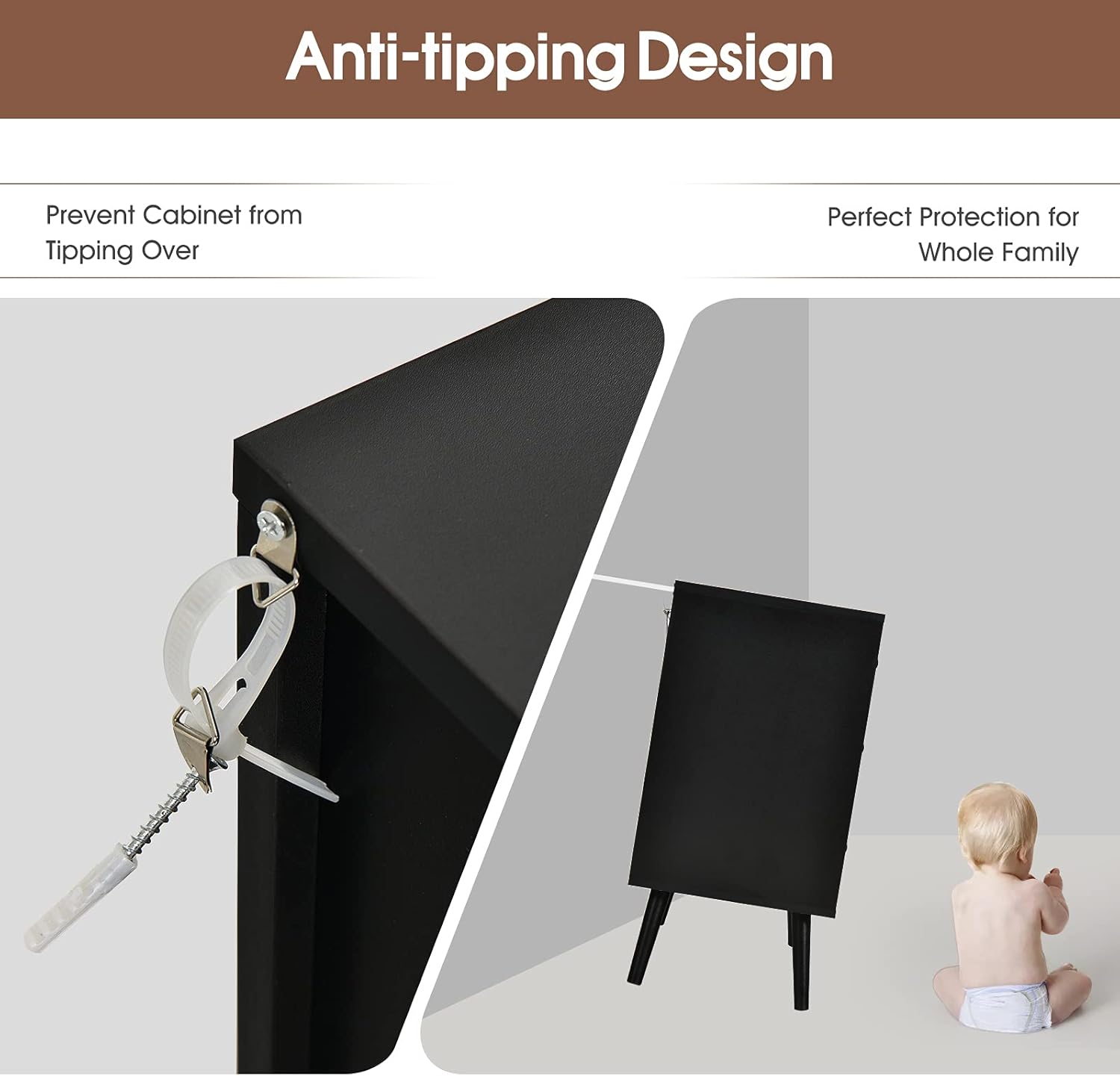 Diagram showing the anti-tipping design for the cabinet, with a strap securing it to the wall and a small child nearby.