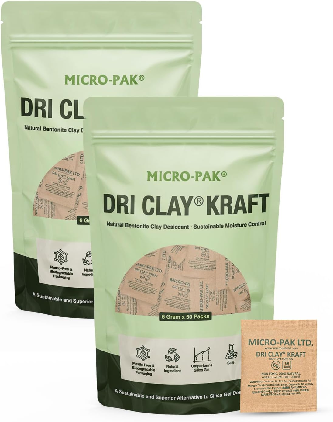 Micro-Pak Dri Clay Kraft - Desiccant Packs for Storage – Bentonite Clay Desiccant for Sustainable Moisture Control – Safe Desiccant Pack for Food Storage, Closet, Safe, Garment, Shoes (6gram x 100pcs)
