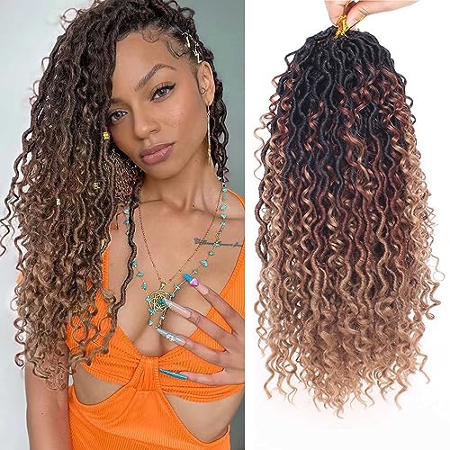 Xtrend 14Inch 8 Packs River Faux Locs Crochet Hair With Curly Hair In Middle And Ends 14Strands/pack Pre-Looped Crochet Braids 3 Tones Messy Bohemian Fuax Locs Hair Extensions 1B3027#