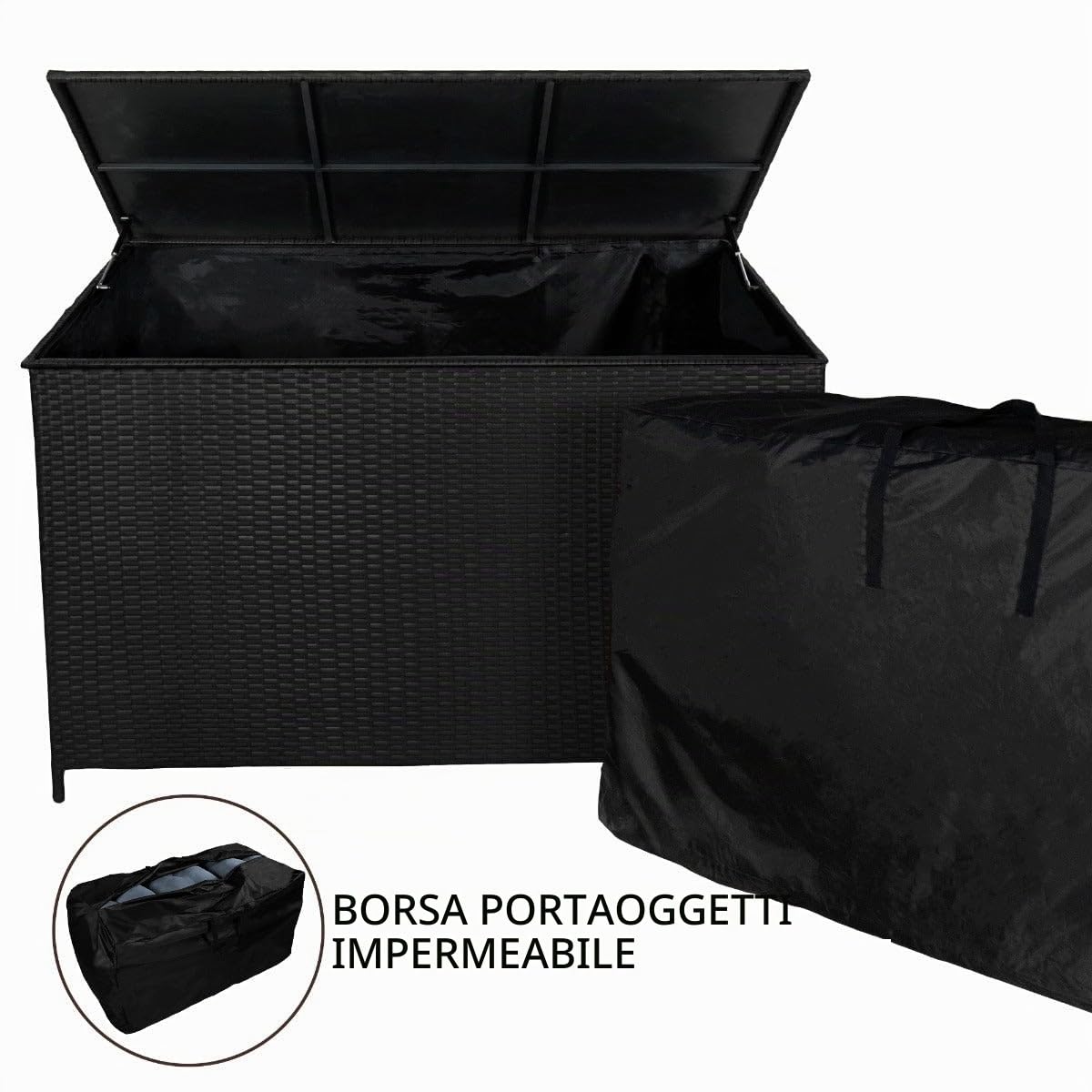 Box portaoggetti Cassapanca da giardino in rattan Nero - 582L, sollevamento assistito del coperchio Telaio in Acciaio Resistente borsa inclusa impermeabile, Ruote, ideale per cuscini d’angolo Jardi