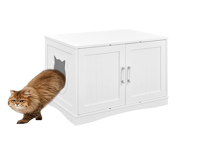 Designer Cat Washroom Storage Bench Cat Litter Box Enclosure Furniture Box House with Table, Spacious Storage, Easy Assembly, Fit Most of Litter Box (White) - White