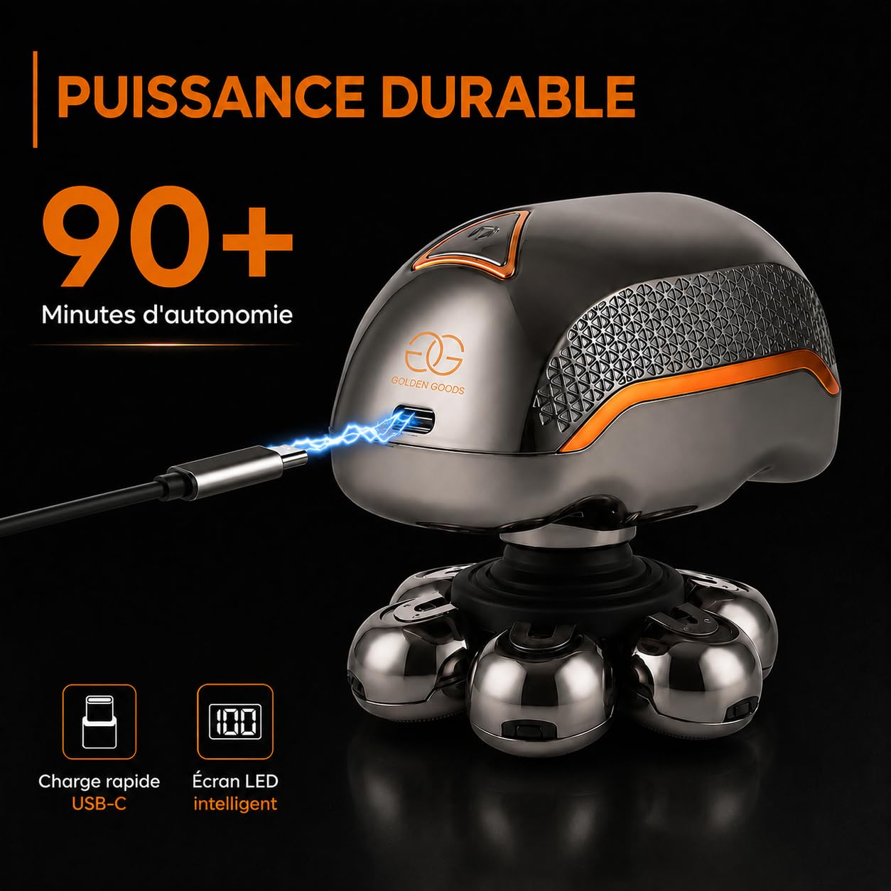 Golden Goods Rasoir Tete Chauve Homme 7D Skull Shaver Électrique Hommes Cheveux 90 mins d'autonomie Rasoir Crane Homme Chauve Étanche Wet & Dry Tondeuse Crane Chauve sans Fil avec Écran LED