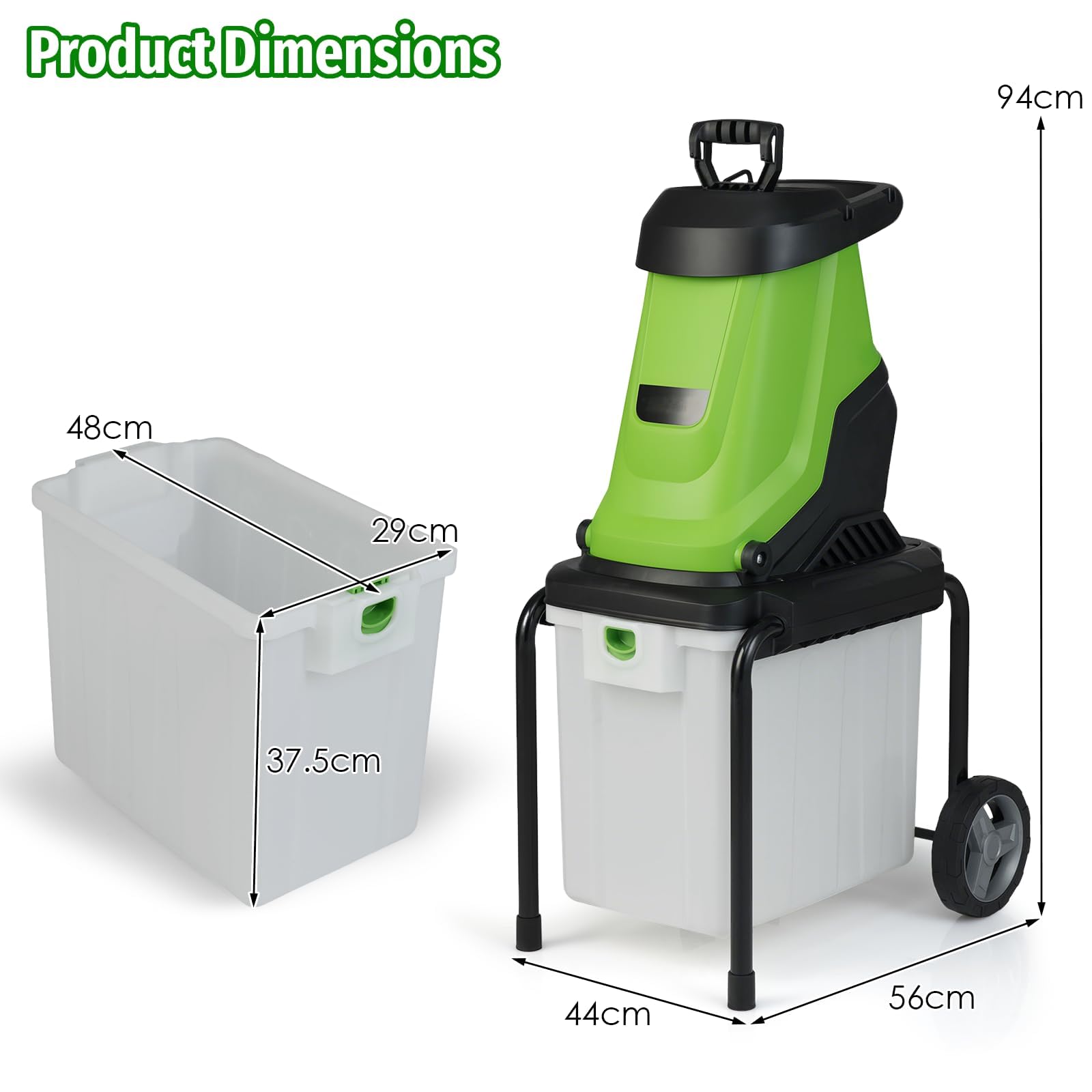 Trituradora eléctrica de jardín de 2800 W con ruedas, caja de colección de 50 L, ancho de astillado de 45 mm y velocidad de 4500 RPM para residuos de patio y limpieza de hojas