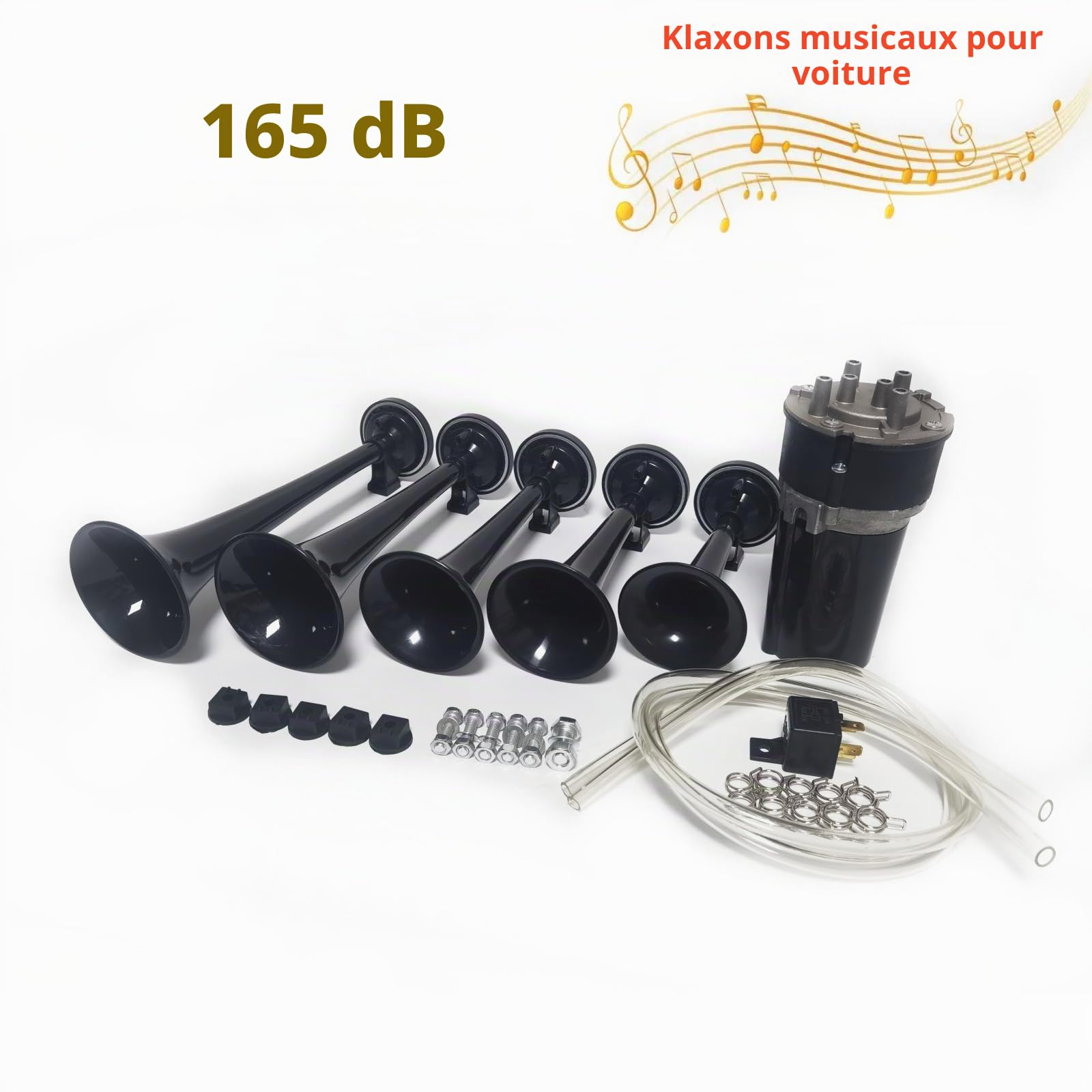Trompette musicale Dixie Haut - parleur air cornet 165db Car Horn Trompette d'air Klaxon de voiture noir à cinq tubes Corne multifréquence étanche avec pompe à air pour 12V voiture camion ect
