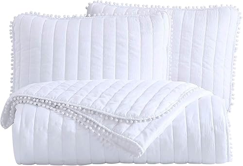 Miniatura 10 de Chezmoi Collection Iris - Juego de edredón de 3 piezas con pompones, color rosa rubor, colcha acolchada con punto de canal, colcha de microfibra