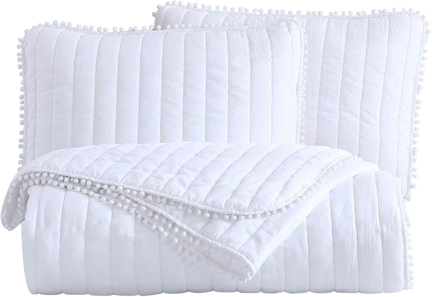 Chezmoi Collection Iris 3-Piece White Pom Pom Quilt Set - Ball Fringe Channel Stitch Quilted Bedspread, Washed Microfiber Coverlet, Queen Size
