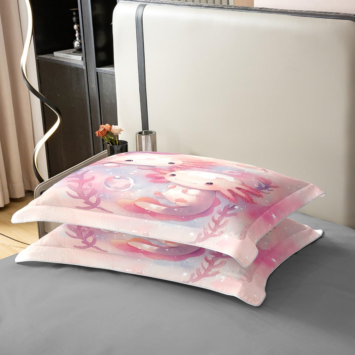 Homemissing Axolotl Baumwolle Bettwäsche Set 135x200cm Nette Bettbezug Set für Jungen Mädchen Kawaii Ozean Sealife Betten Set Light Pink
