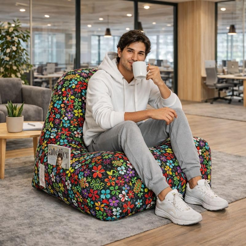 Image of Style Homez Hackey Cotton Canvas Floral Printed Bean Bag XXL Size Filled with Beans Fillers