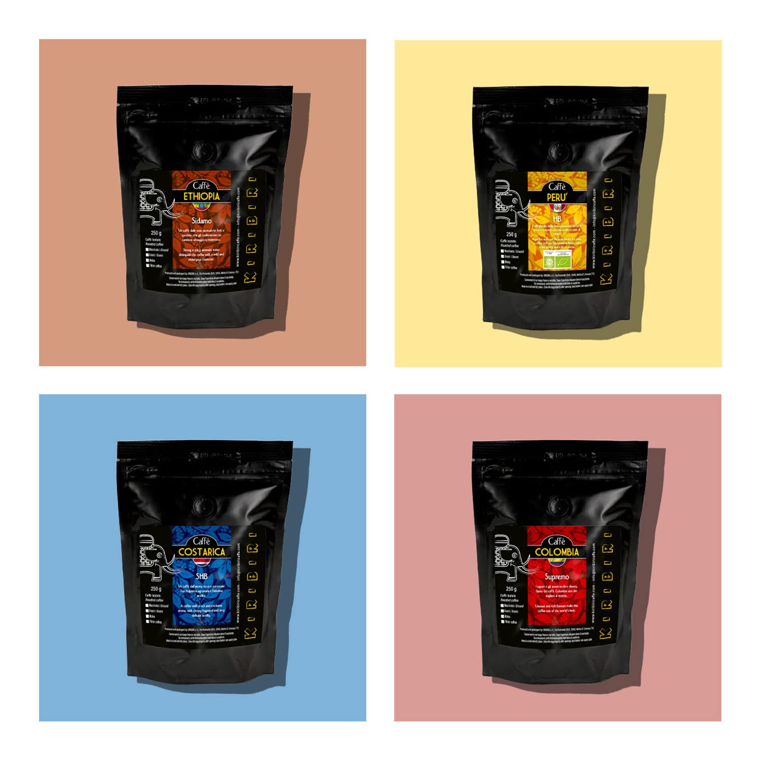 KIRIBIRI Café Especial de Origen 100% Arábica en Grano - Paquete de 4 x 250 g - Orígenes: Colombia, Costa Rica, Perú Orgánico, Etiopía