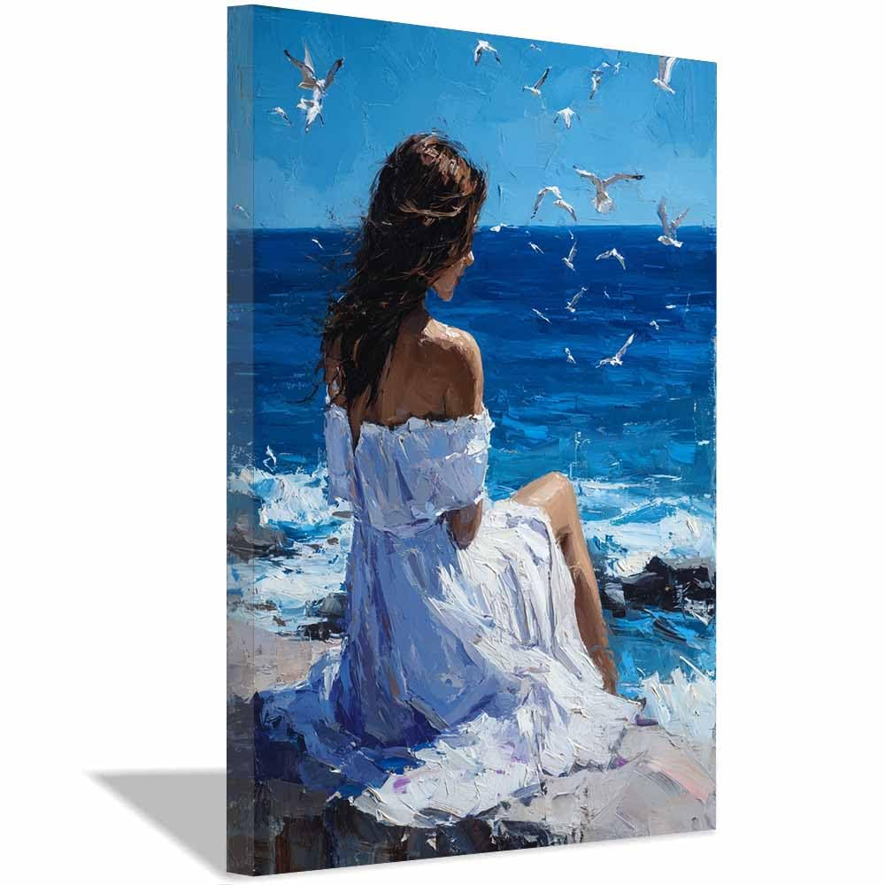 HOQIU Landscape wall art Woman by the Sea canvas art, art print, house decor, bedroom wall decor above bed, prints for living room.(Multicolor)-60x80cm Framed