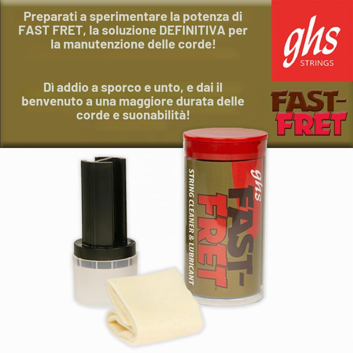 GHS Fast Fret – Detergente per corde e lubrificante per chitarre elettriche, acustiche e bassi, tono di lunga durata, suonabilità fluida, riduce il rumore delle dita, protegge corde e tastiere