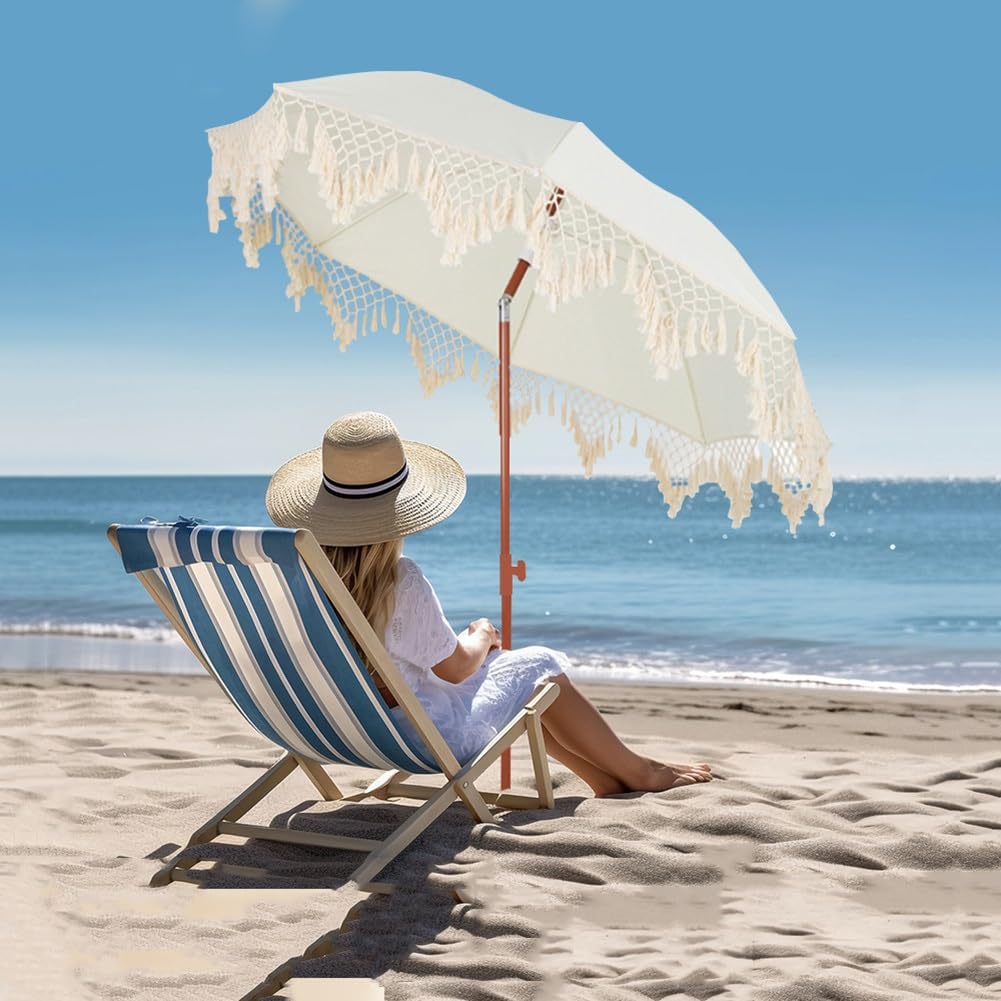 Ombrellone Boho con Frange per Patio Esterno, ombrellone da Spiaggia da 200 cm con inclinazione a Pulsante e palo in Acciaio Resistente, UPF50+, Bianco Antico