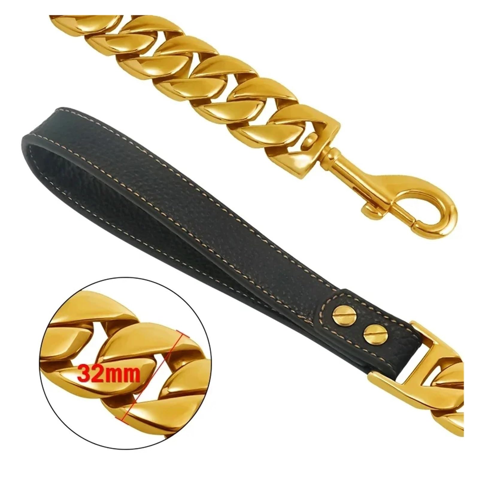 Cadena de Collar Correa Perro Acero Inoxidable Dorado 19 mm 32 for Perros Grandes(32mm Black Leash,2FT(60CM))