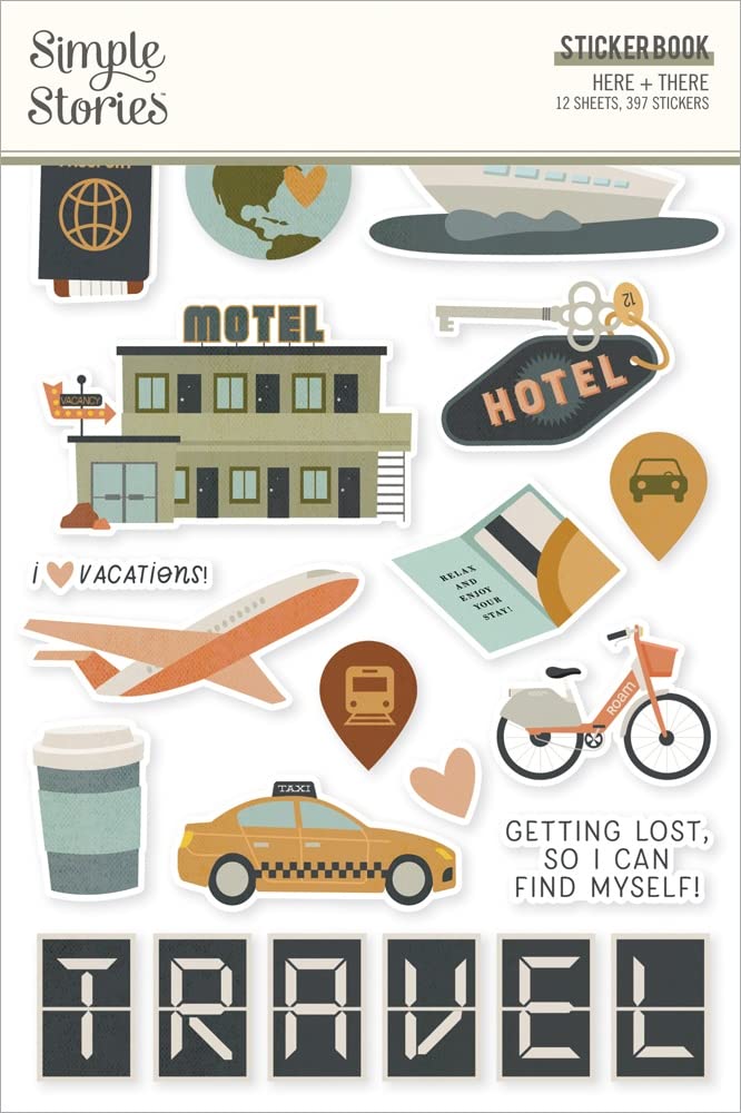 Carnet d'autocollants Simple Stories Sticker Book Here & There de 397 stickers pour scrapbooking