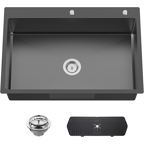 Black 33x22 Inch Stainless Steel Kitchen Sink - Drop In Modern Single Bowl Topmount Kitchen Sink With Silicon Mat,Drain Strainer Set Offering Large Basin Compatibility With Various Kitchen&Bar Style