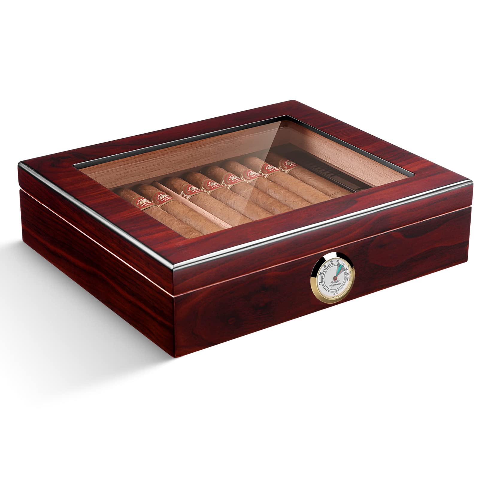 CIGARLOONG Cigar Humidor Handmade with Humidifier and Hygrometer Cedar Wood Movable Divider Accommodate 15-25 Cigars Glass Top Case(Color:Dark Red)