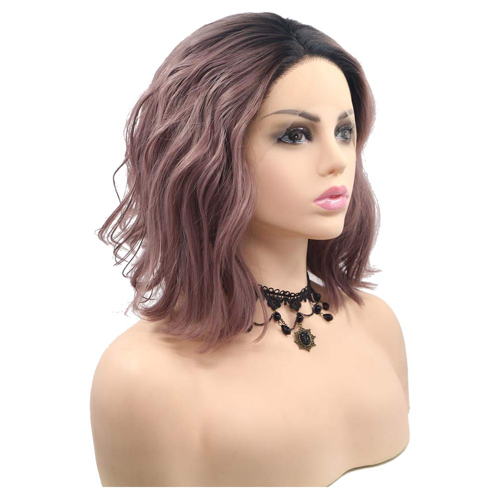 Grape Purple with dark brown root curly wavy Bob Synthetic lace front wig Natural Hairline Heat Resistant Fiber for Fashion Women Cosplay 14 inch