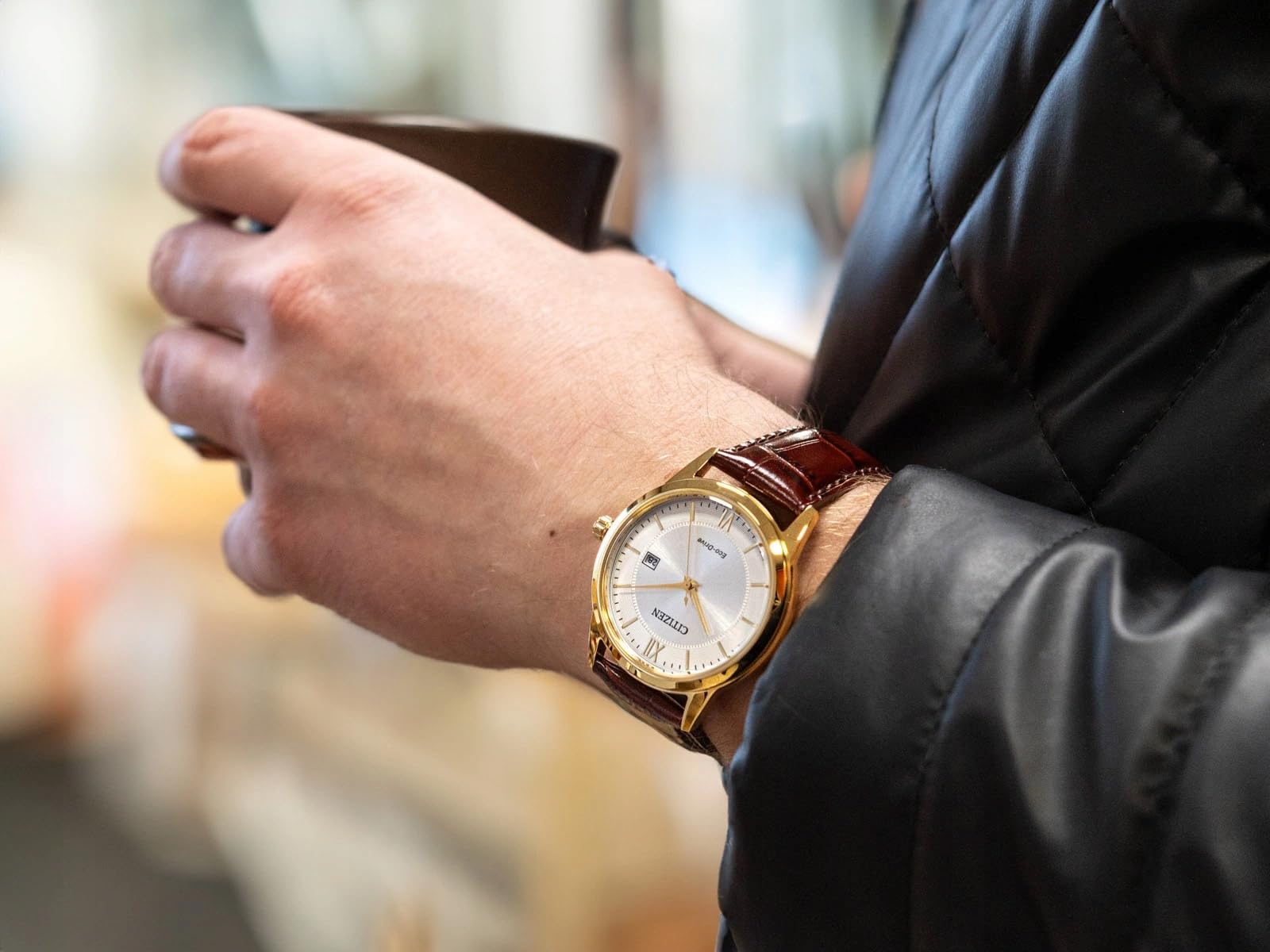 Citizen Eco-Drive Zegarek męski ze skórzanym paskiem AW1782-11A, złoty/srebrny