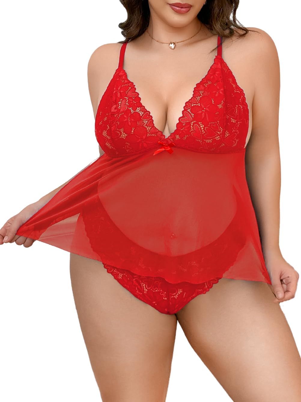 ChiaoLezhee Plus Size Lingerie For Curvy Women, Sexy Heart Hollow Back, Mesh Lace Babydoll 1XL-4XL, Sheer 2 Piece Set