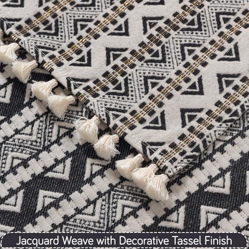 Image of HOKIPO Sofa Cover Mat with Tassel for 2 Seater Sofa | 300 GSM Thick Cotton Acrylic Jacquard Fabric,'Trivana Series' Charcoal Black (IN-934-J6*S)