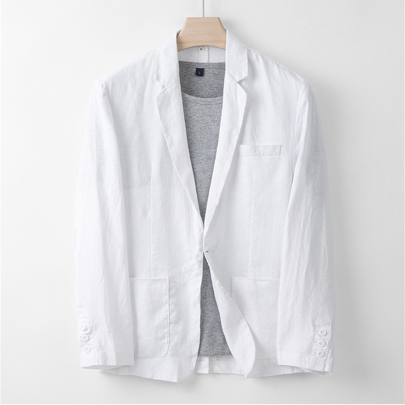 Sakko - Giacca da uomo in cotone e lino, vestibilità normale, con collo sciallato, 1 bottone, casual, elegante, blazer festival, per matrimoni, tempo libero