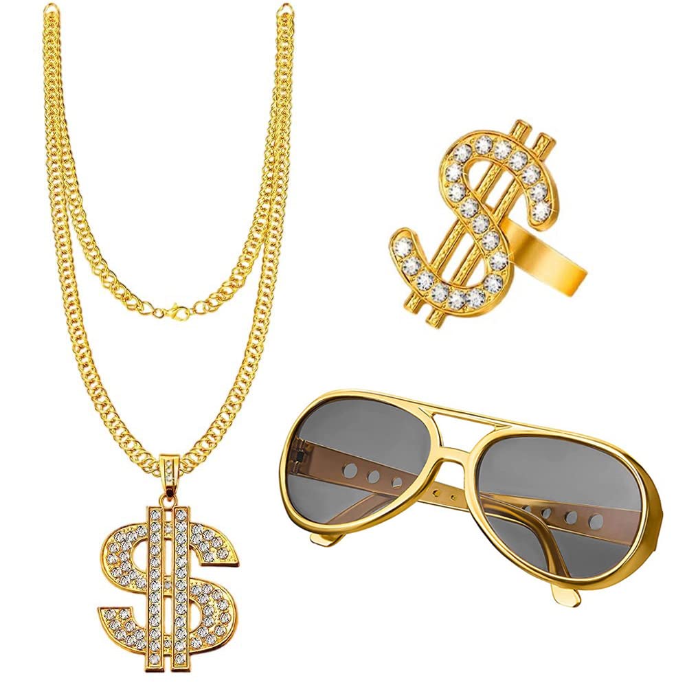 NewZC80s 90s Hip Hop Fancy Dress Accessories Set with Gold Dollar Sign Necklace Gangster Pimp Rings and Rapper Golden Sunglasses Women Men Gold Digger Costume for Masquerade Party Carnival Concert