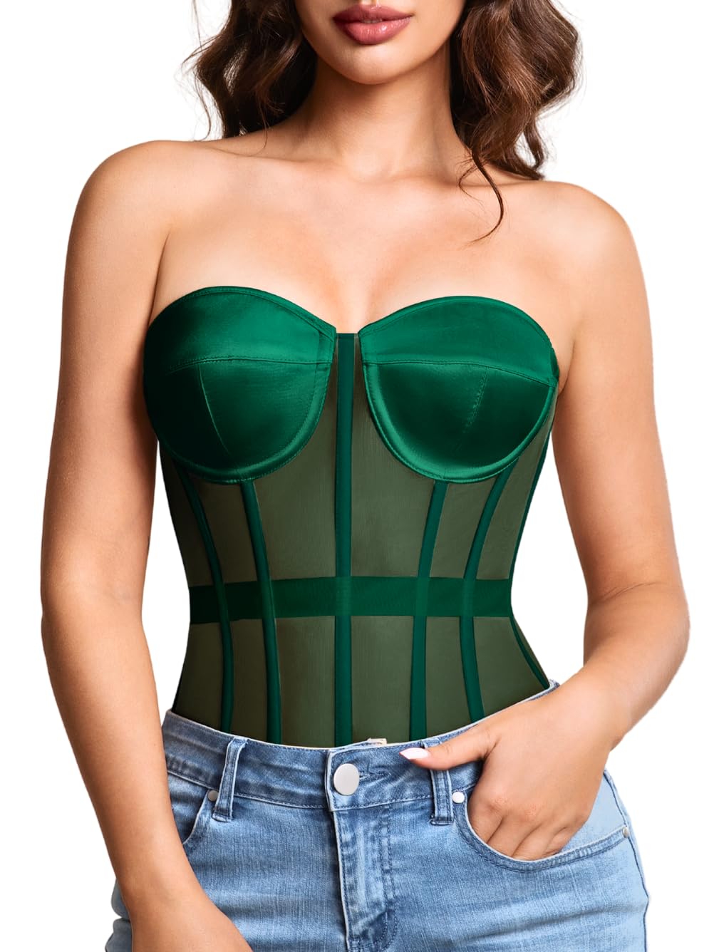 Kaei&amp;Shi Women's Strapless Mesh Corset Top, Padded Lace-Up Bustier