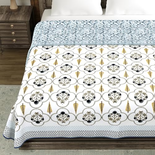 Image of BLOCKS OF INDIA 100% Cotton Dohar King Size Reversible Hand Block Printed Malmal Summer Dohar /Blanket (Color 56)