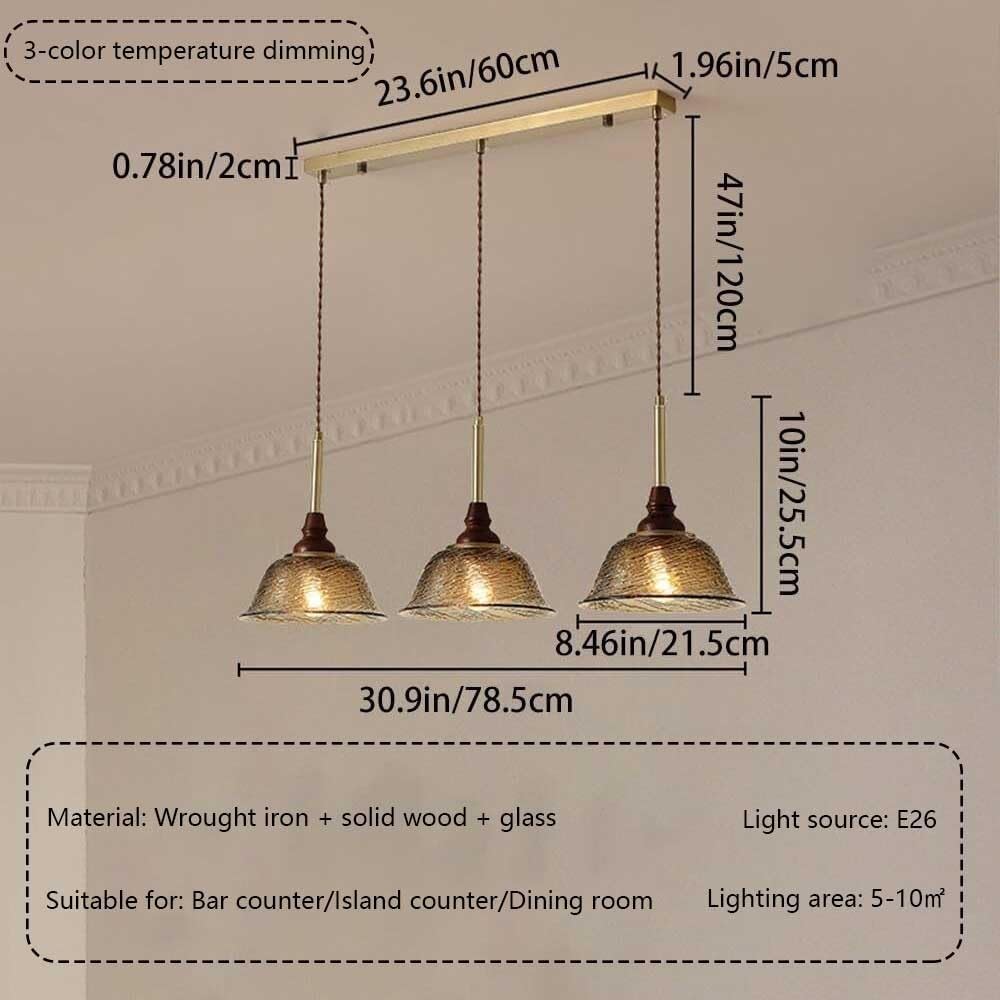 Suspension En Verre À 3 Lumières, Lustre En Bois Pour Îlot de Cuisine