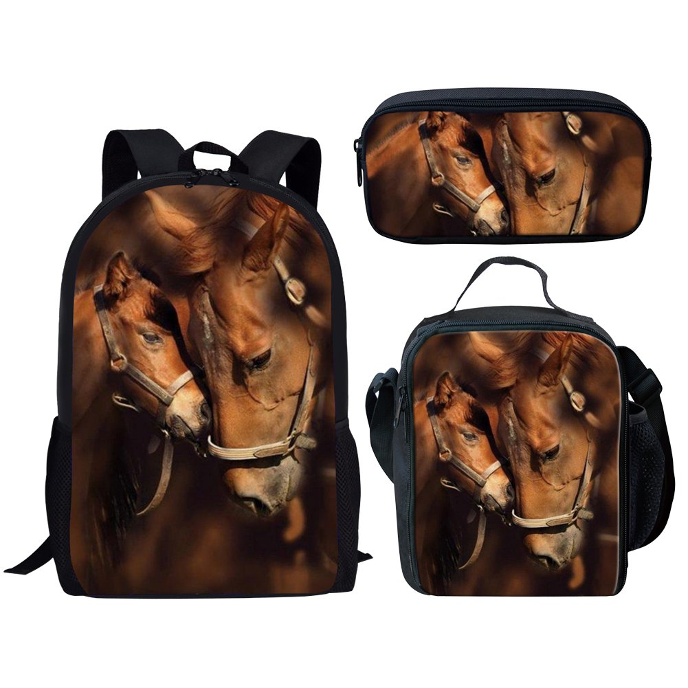 Middle School Backpack Set Lunch Bag Pen Bags For Girls Fashion Book Bag Horse Print