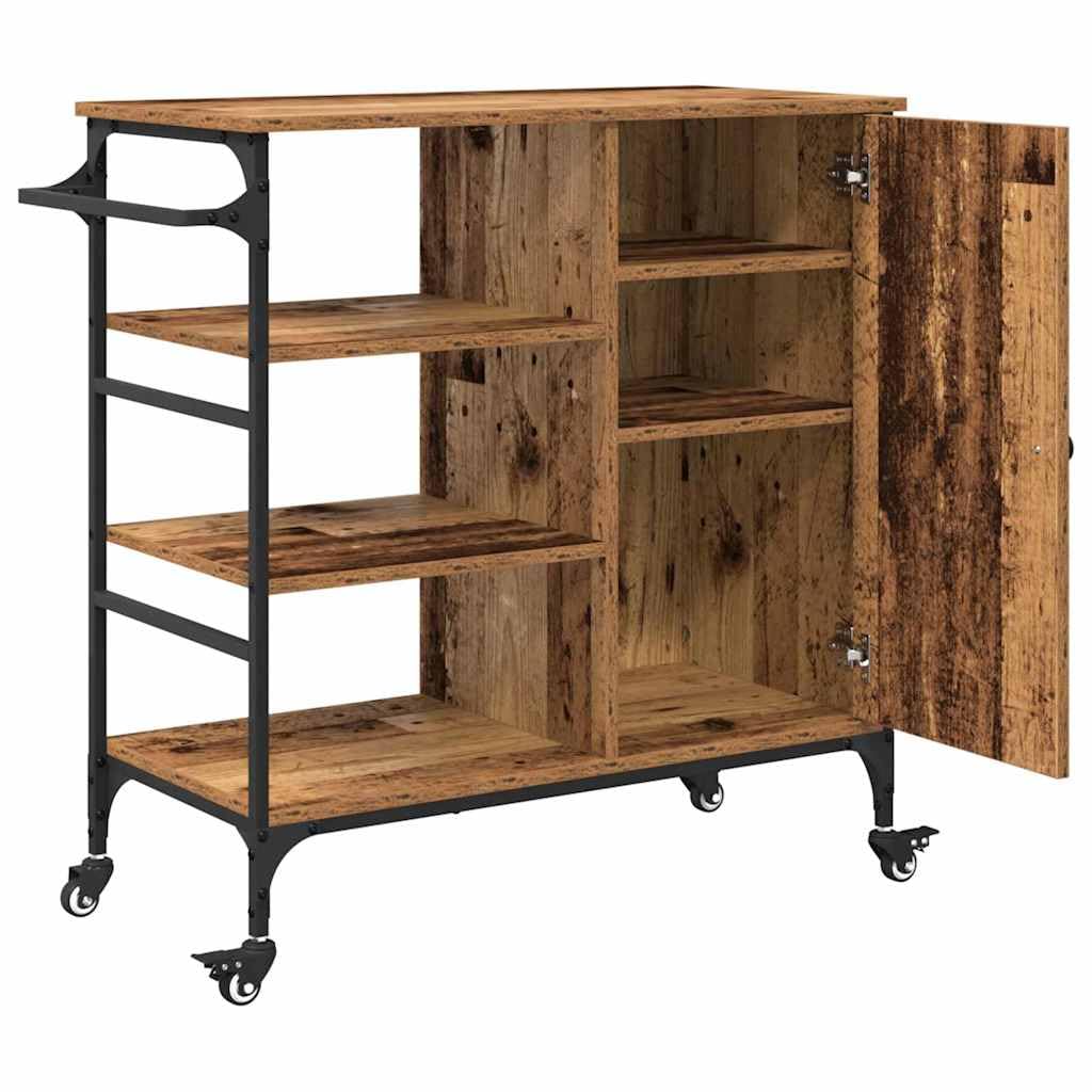Carro de cocina de madera recuperada, 87,5 x 39 x 84,5 cm, carro de cocina con ruedas y frenos, carrito de servicio auxiliar con espacio de almacenamiento para cocina y zona de cocción