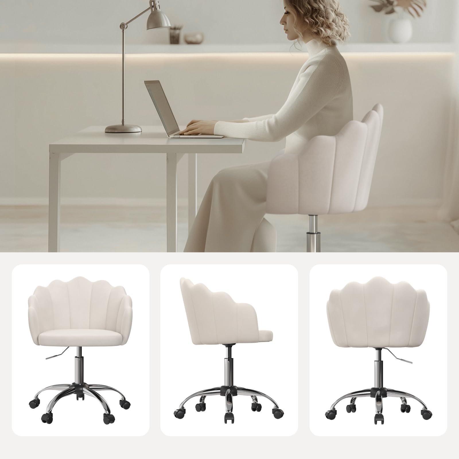 WOLTU Chaise Bureau Pivotante Hauteur Réglable Velours Beige Métal