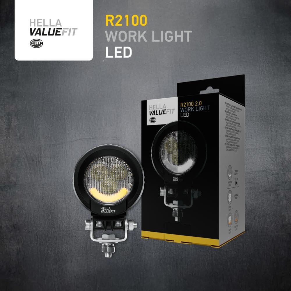 HELLA VALUEFIT 1G0 357 109-111 Phare de Travail LED R2100 2.0 - 12/24V - 2300lm - Montage en saillie - Système d'étrier - Éclairage du champs proche - Câble: 300mm - Quantité: 1
