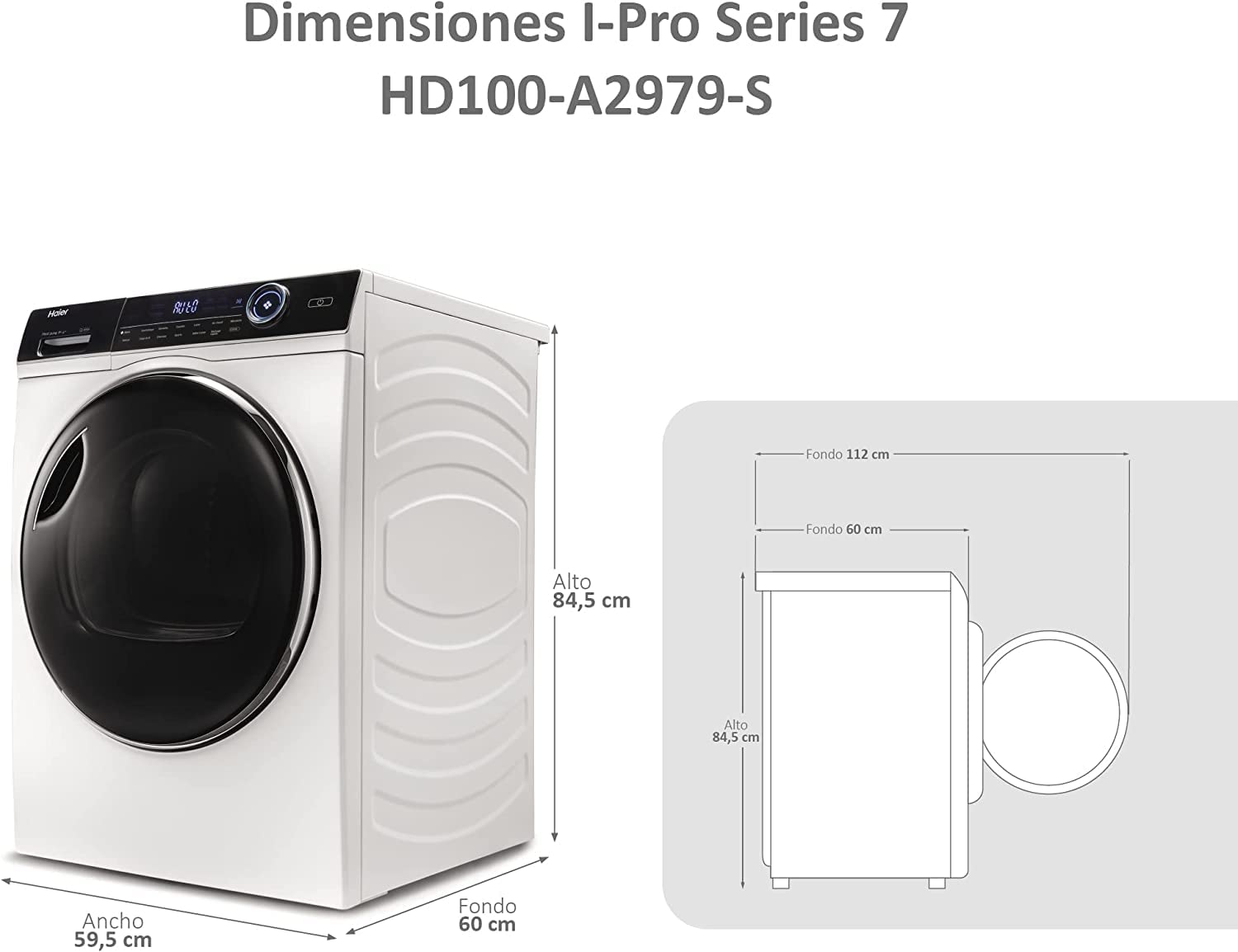 Haier I-PRO SERIES 7 - HD100-A2979-S, Secadora bomba de calor 10 kgs, Tambor XXL con led, 14 programas, i-Time, i-Refresh (microvapor), Antiarrugas, 67dba, A++