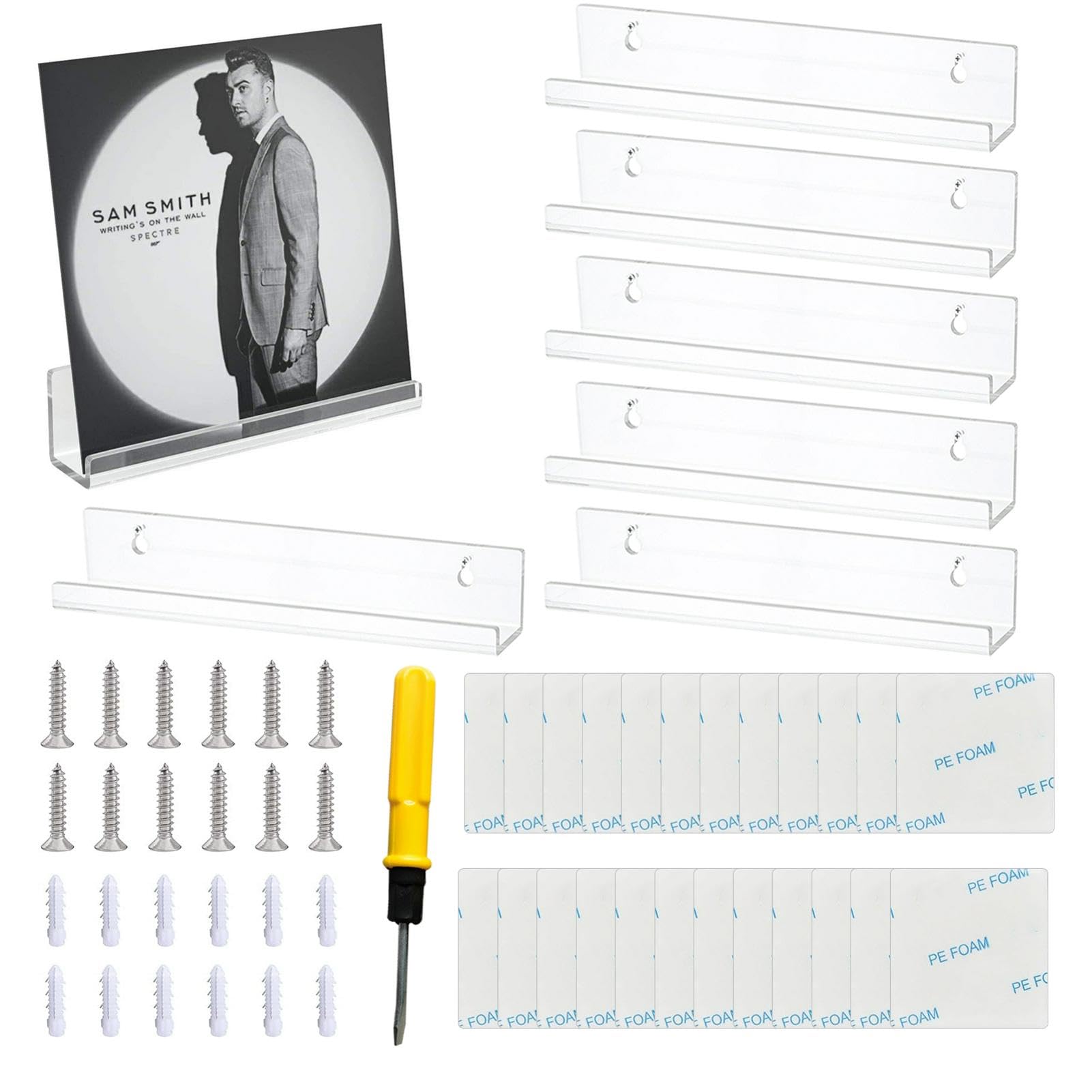 FDKJOK 6 Pack 12 Inch Vinyl Record Shelf Wall Mount Rack Acrylic Album Record Holder Clear Floating Shelves Display Collection Picture Ledge Shelf for LP Storage(Clear)