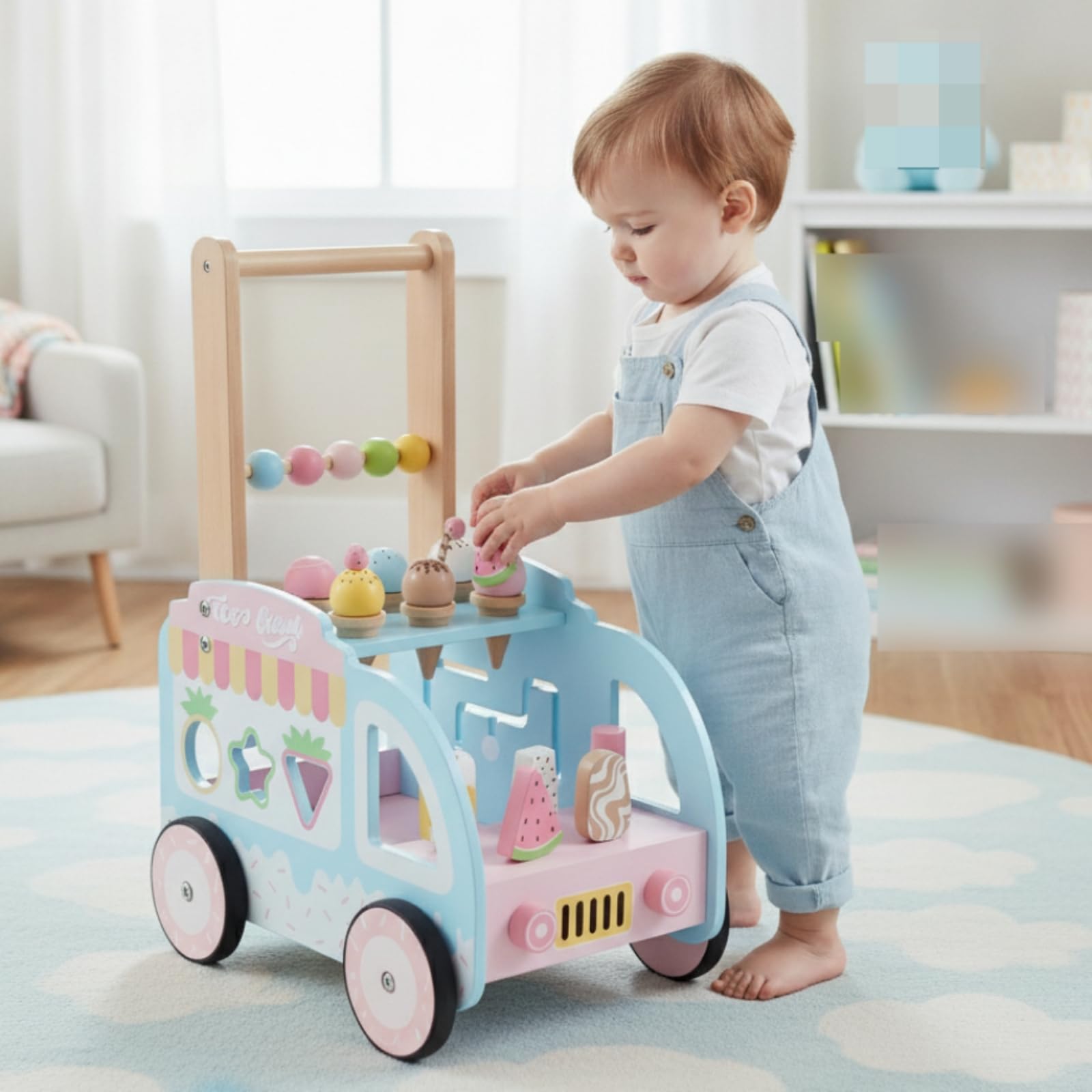 Children Lernlaufer Lauflernwagen Holz Interaktives Eiscreme-shop Motorikspiel mit Formsortierpanel für Kinder Lernen Fantasievolle Spielzeit Aktivitäten