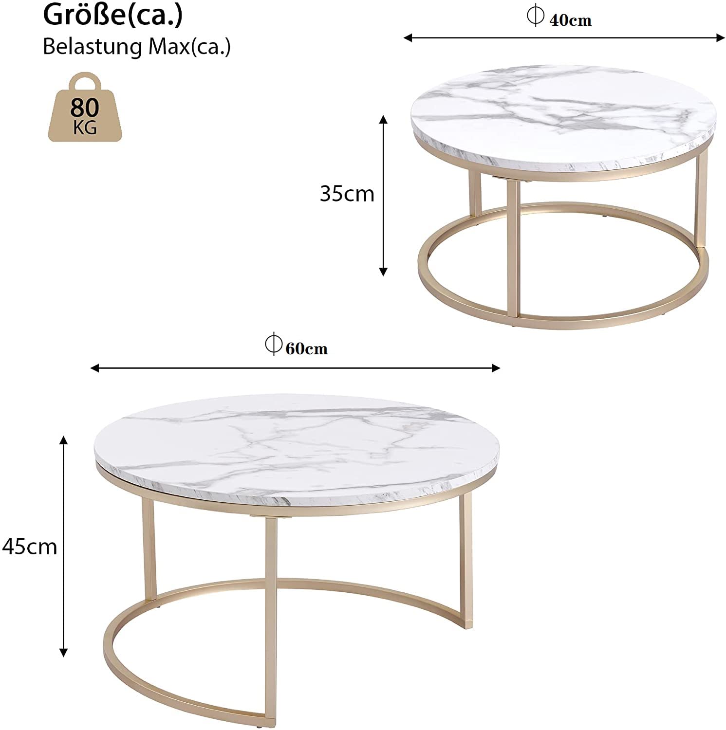 2er Set Runder Couchtisch, Moderner Satztisch für Wohnzimmer, Balkon, Büro mit MDF-Tischplatte und Stabilem Metallgestell, Weiß+Gold, Großer Tisch: 60*60*45 cm; Kleiner Tisch: 40*40*35cm